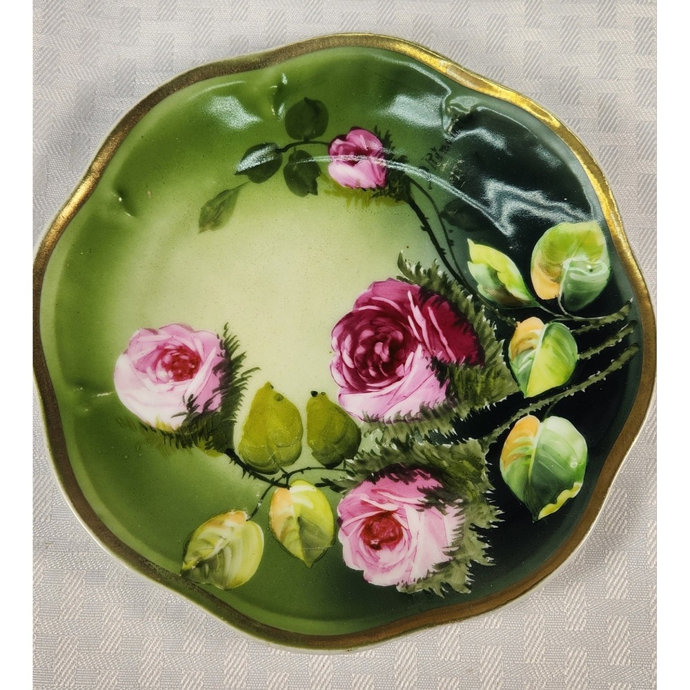 VTG Signed Bavaria Germany Hand Painted  Plate Brilliant Color Roses ‎ Gold Trim